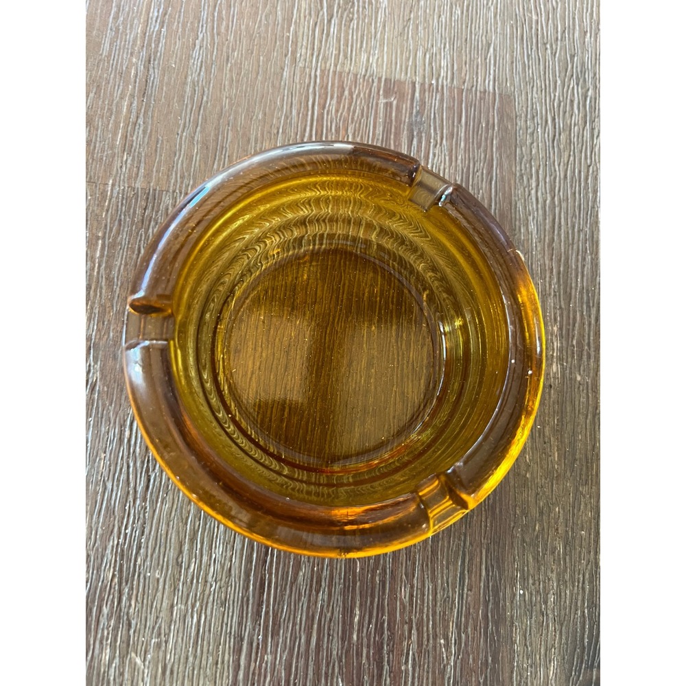 Vintage Amber Glass Ashtray Round Mid Century Modern Honey Gold 4.25 Inch